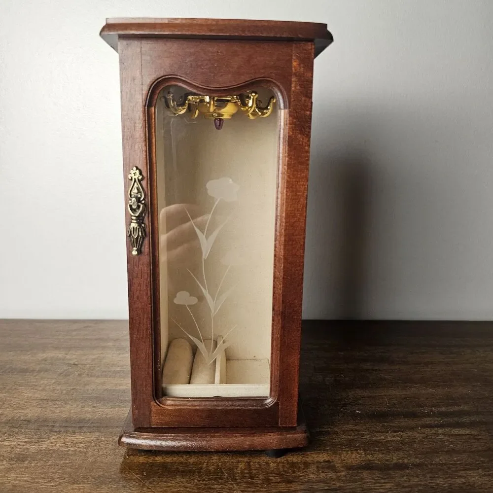 Vintage Wooden Tabletop Jewelry Armoire with Etched Floral Glass Door